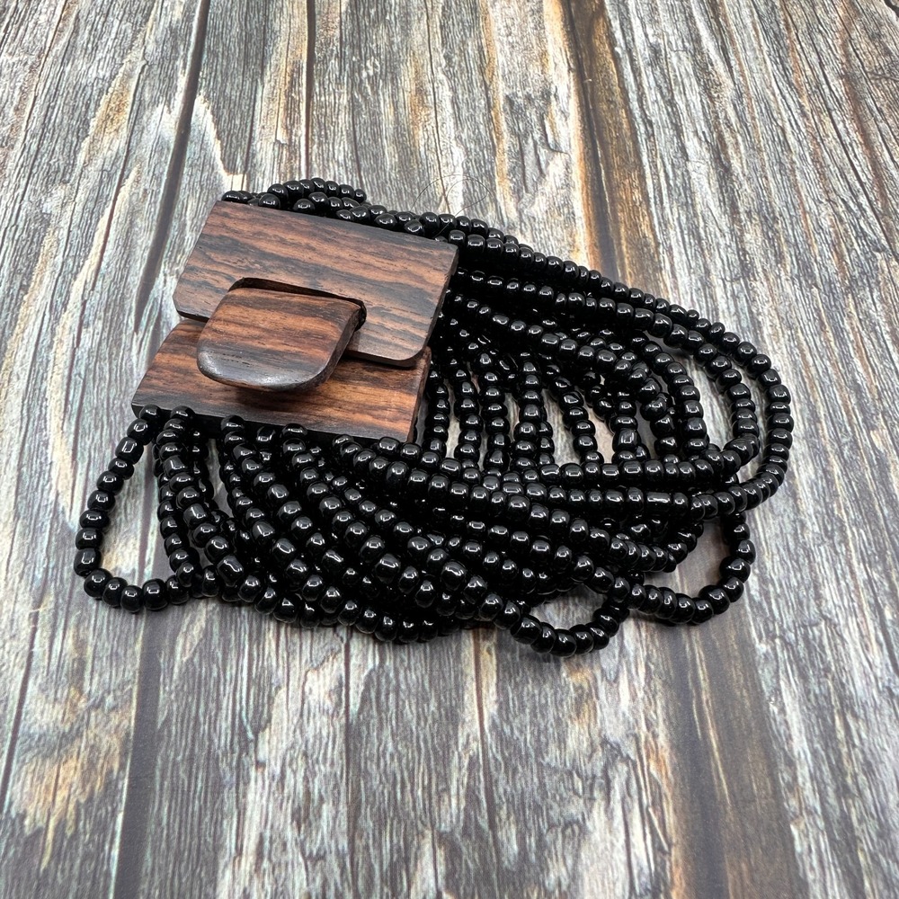 Black Beaded Multi Strand Wide Cuff Bracelet Wooden Clasp Boho Statement Jewelry